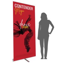 Contender Mega retractable banner stand with woman for comparison